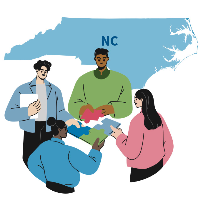 Graphic of four people putting puzzle pieces together with the outline of the state of North Carolina in the background