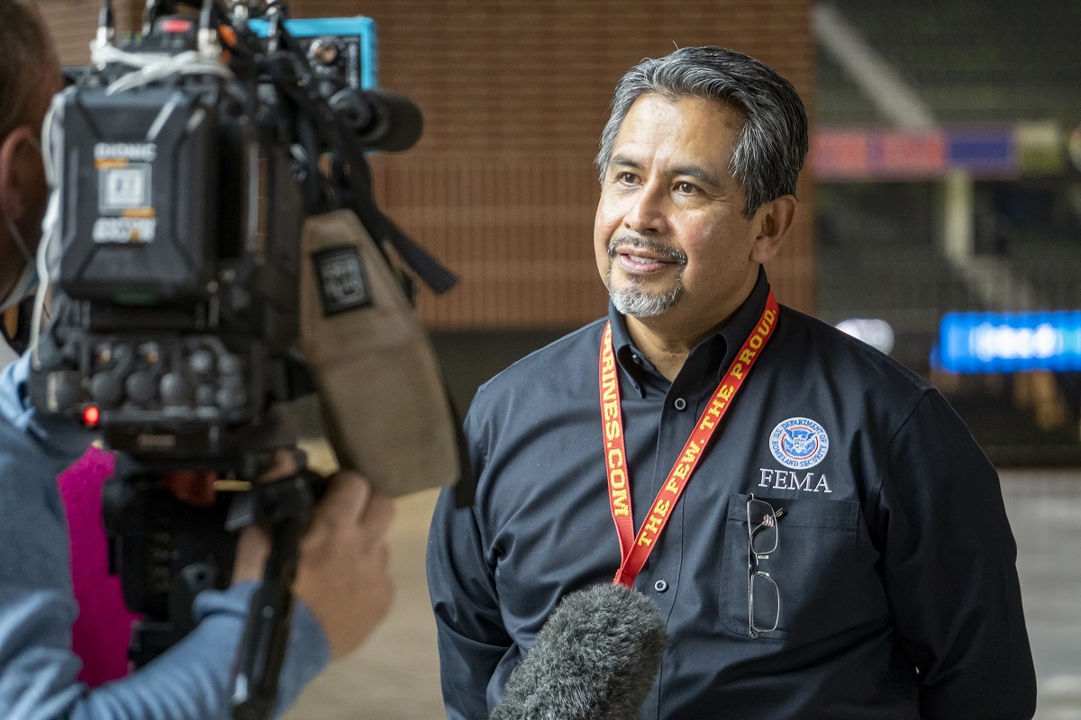 FEMA employee being interviewed on camera