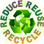 Image of the recycle symbol encasing the globe, with the words Reduce, Reuse, Recycle