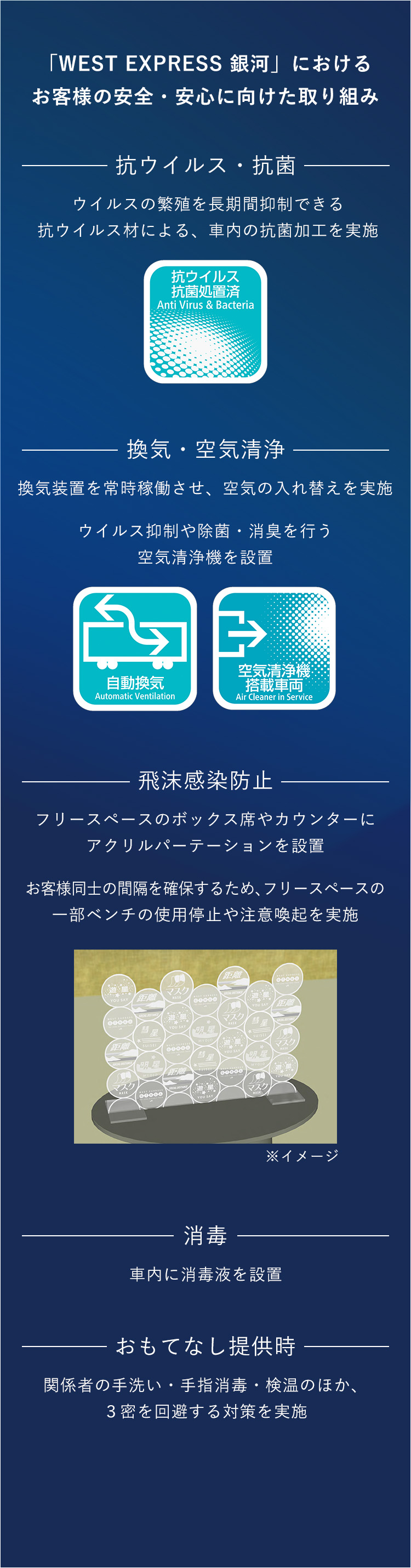 「WEST EXPRESS 銀河」における お客様の安全・安心に向けた取り組み 抗ウイルス・抗菌 換気・空気清浄 飛沫感染防止 消毒 おもてなし提供時 お客様へのお願い