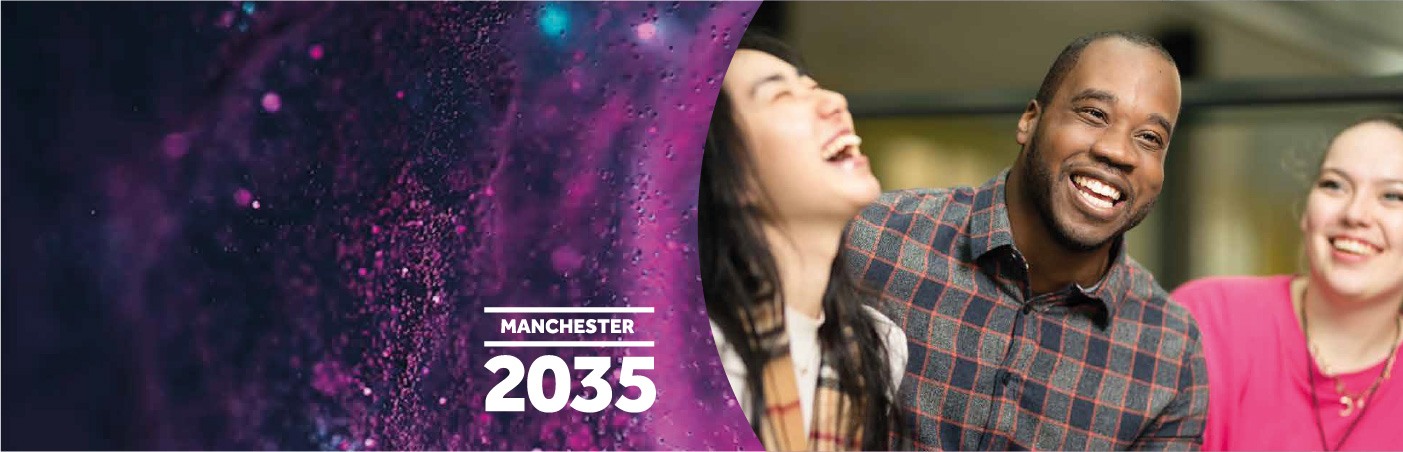 Three students chatting and laughing against the Manchester 2035 graphic