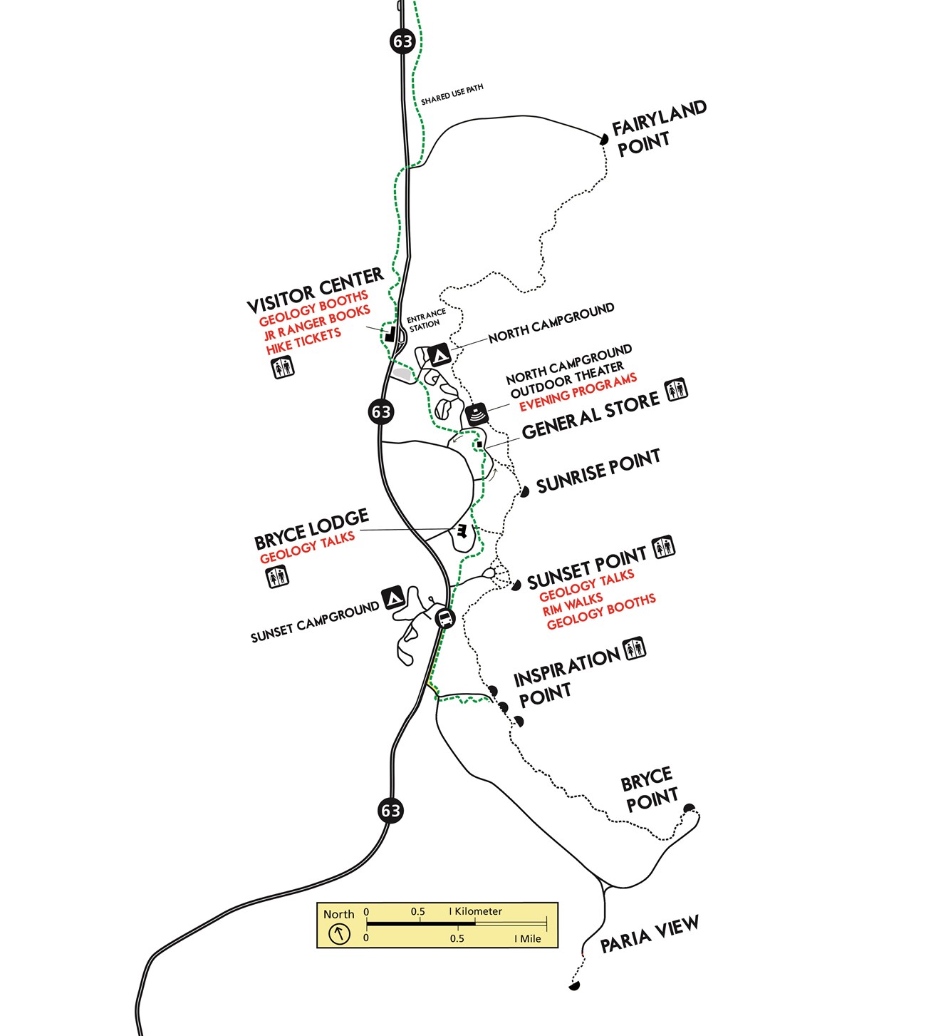 Map of Bryce Canyon National Park showing locations including the Visitor Center, North Campground Theater, Sunset Point, and Lodge where Geo Fest events are occurring.