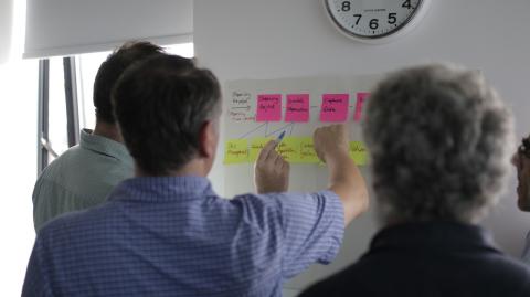 A group of people pointing at post its on a board