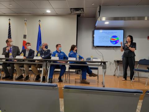 ACCLIP PI Laura Pan presenting the science behind ACCLIP at Media Day, August 5, 2022. (Ren Smith)