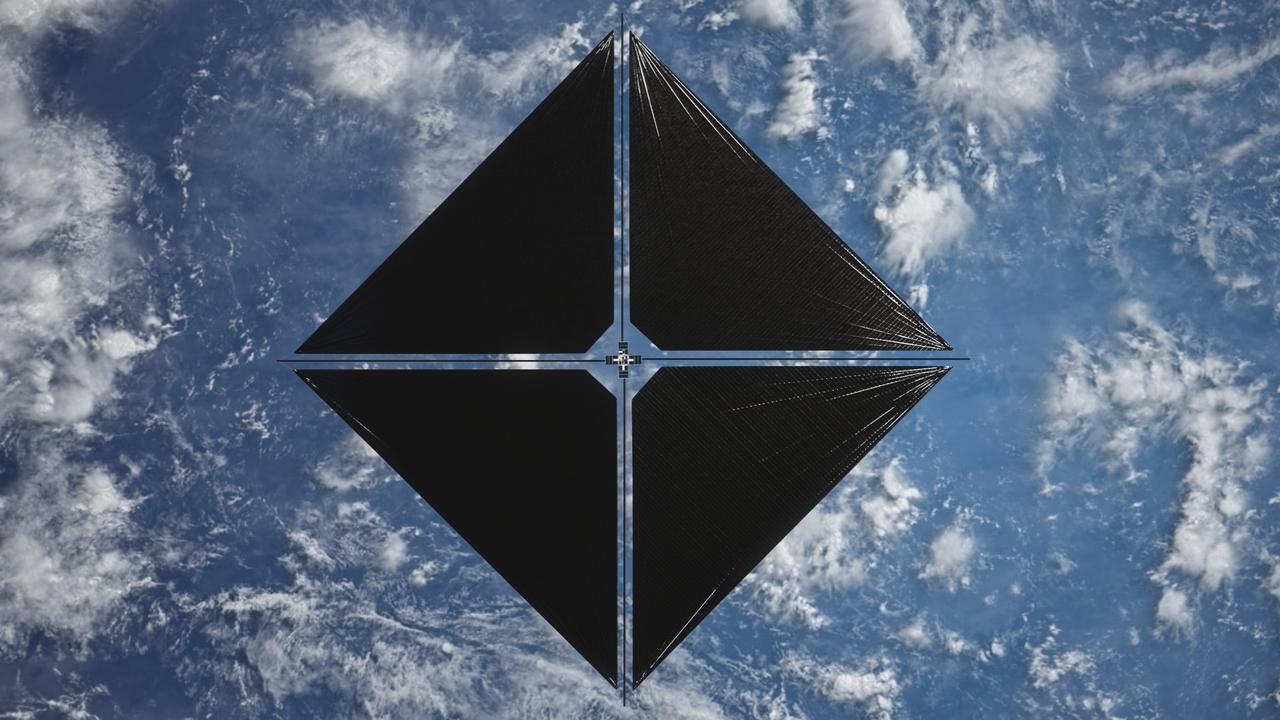 An artist’s concept of NASA’s Advanced Composite Solar Sail System spacecraft in orbit as seen from directly above the spacecraft looking down at Earth below. The solar sail has four black triangular-shaped parts arranged in a diamond. In between the parts are small, thin cross-shaped pieces which connect the black parts. Credit: NASA