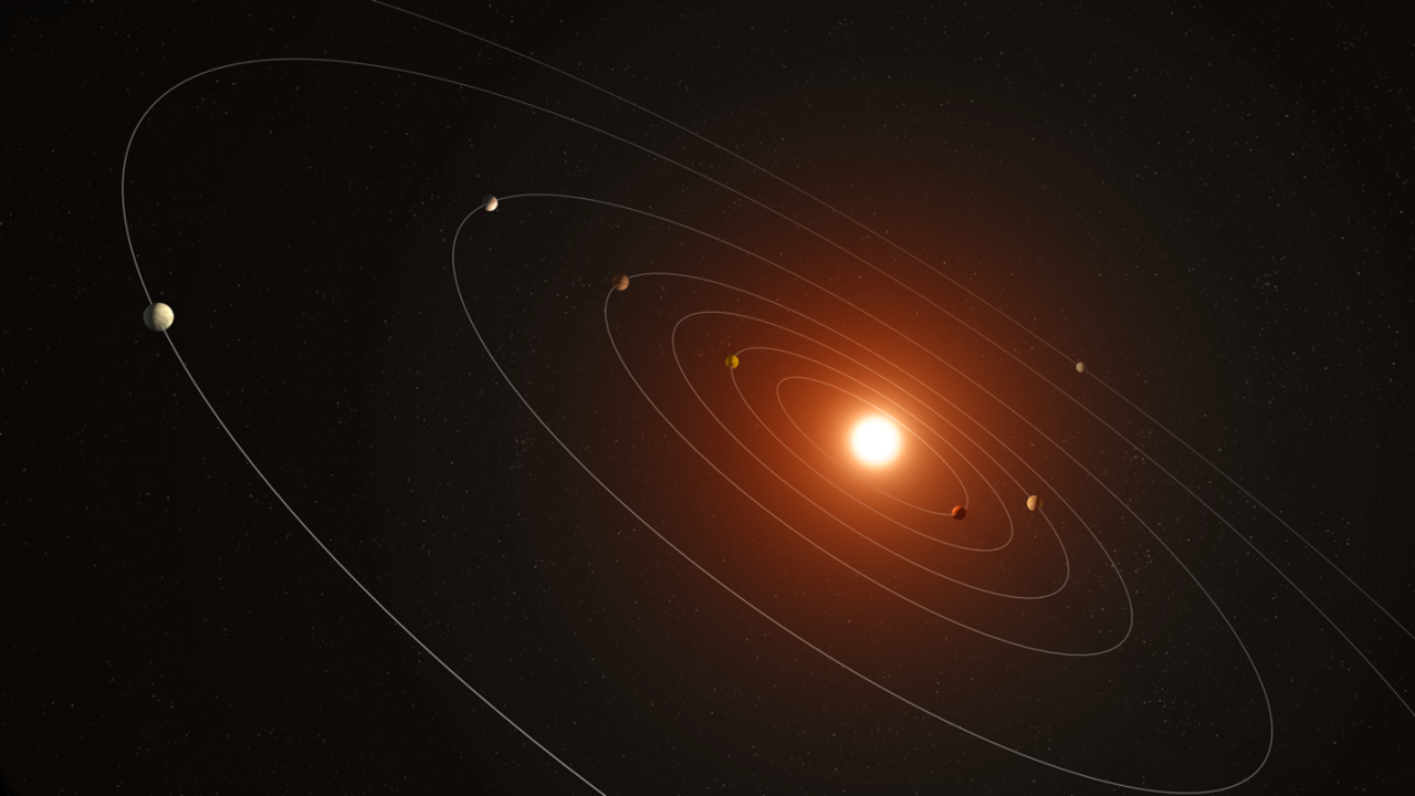 Artist’s concept showing the seven planets discovered orbiting a Sun-like star. The system, called Kepler-385, was identified using data from NASA’s Kepler mission. Credit: NASA/Daniel Rutter