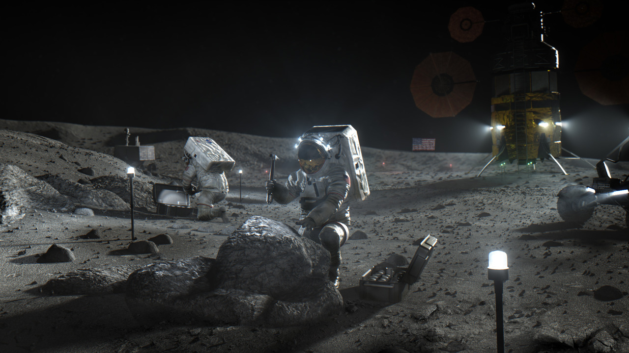 An artist's depiction of astronauts working on the Moon. The astronaut suits are white with silver helmets; they work on the gray lunar surface. Credit: NASA