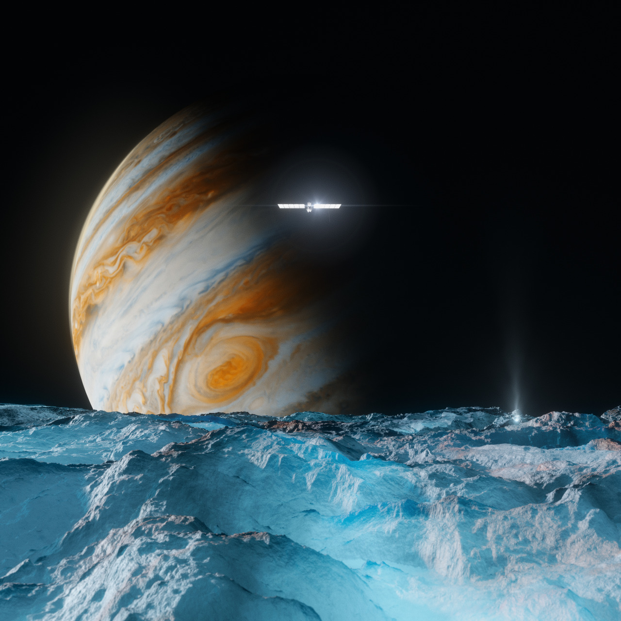 An illustration showing the planet Jupiter rising over the horizon of its moon Europa. Europa’s surface consists of a rough landscape of blue, semi-translucent ice. Jupiter’s colorful orange, blue and cream-colored bands and swirling storms are visible in its atmosphere. In the middle distance, the Europa Clipper spacecraft can be seen, its solar panel wings glinting in the sunlight.   Image credit: NASA/JPL-Caltech