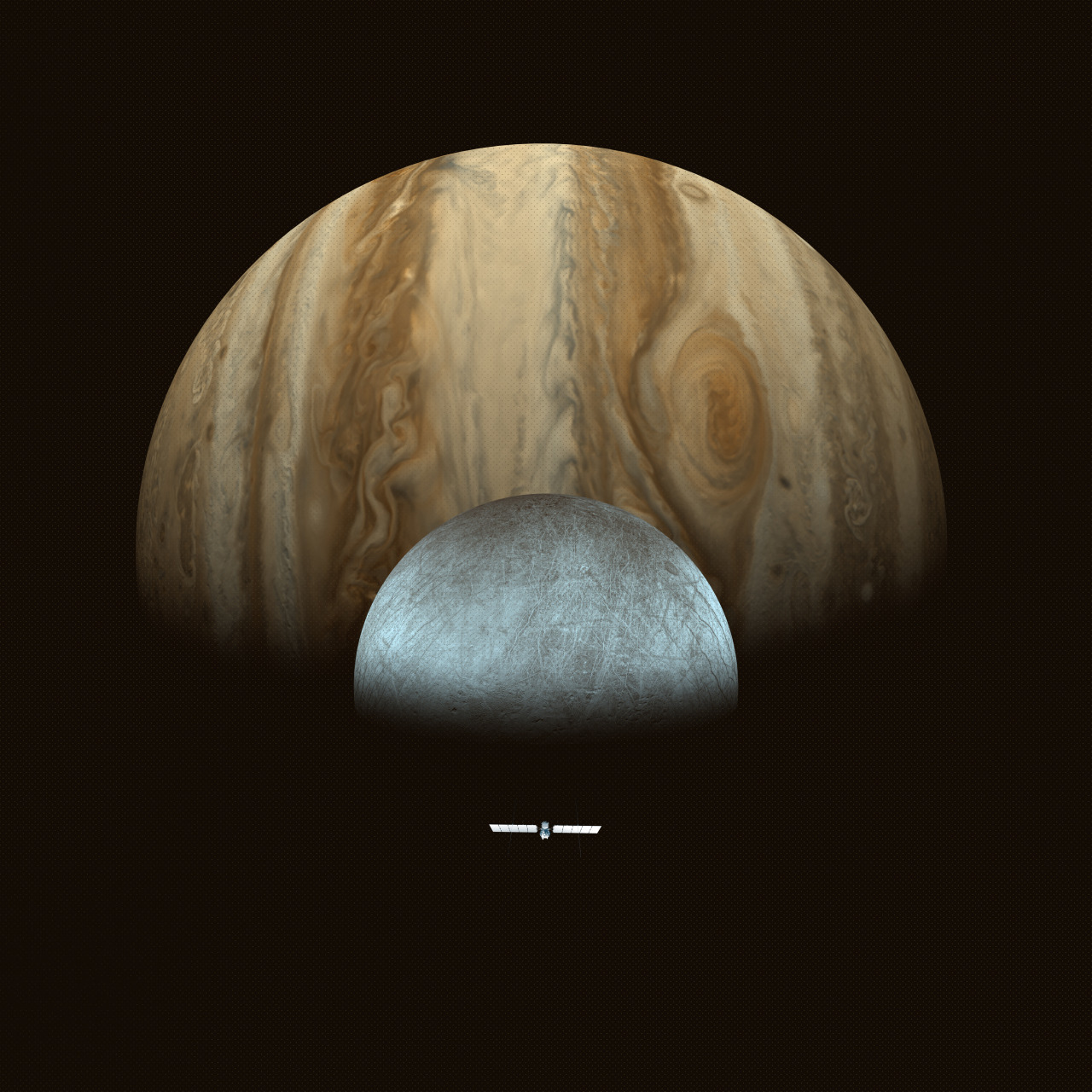 An illustration showing the planet Jupiter, its moon Europa with its cracked, icy surface, and the Europa Clipper spacecraft, all lined up against the dark background of space.  Image credit: NASA/JPL-Caltech