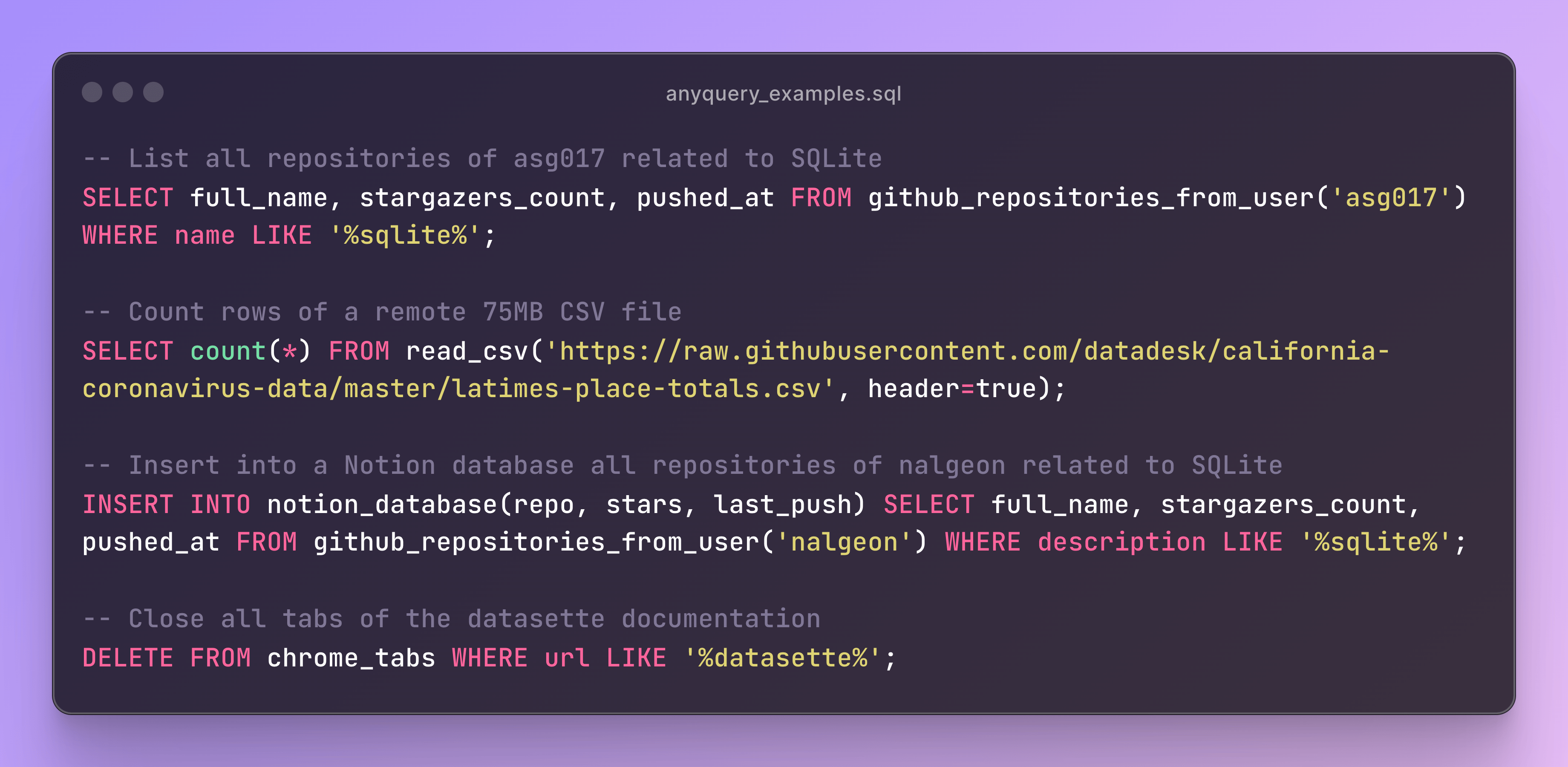 Anyquery SQL examples