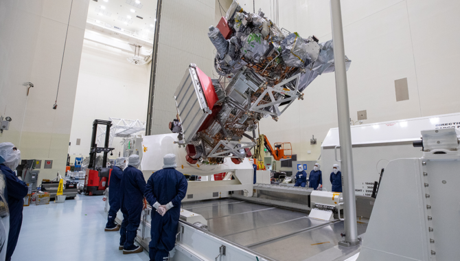 Technicians inside the Payload Hazardous Servicing Facility at NASA’s Kennedy Space Center in Florida prepare to rotate the Europa Clipper to a vertical position on Tuesday, May 28, 2024, as part of prelaunch processing. Photo Credit: NASA