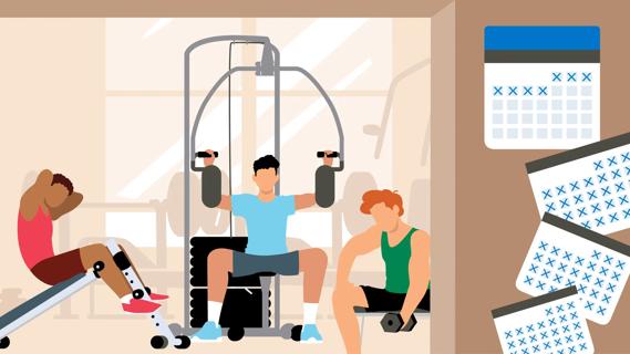 People working out in the gym, with progress calendars nearby