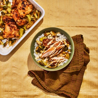 Misomayo chicken bowl in a green bowl and baking dish