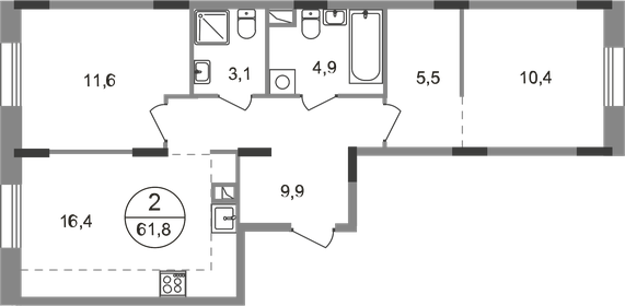 Квартира 61,8 м², 2-комнатная - изображение 1