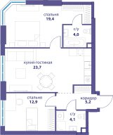 Квартира 69,3 м², 2-комнатная - изображение 1