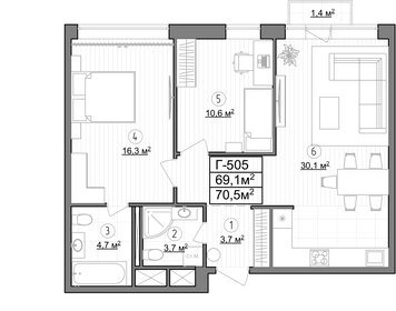 Квартира 69,3 м², 2-комнатные - изображение 1