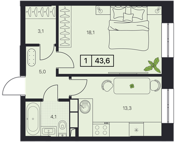 Квартира 43,6 м², 1-комнатная - изображение 1