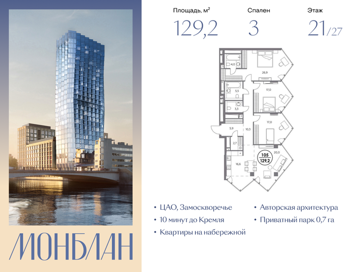 124,3 м², 3-комнатная квартира 115 599 000 ₽ - изображение 19