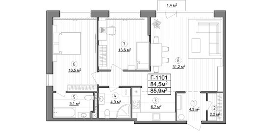 Квартира 84,5 м², 2-комнатные - изображение 1