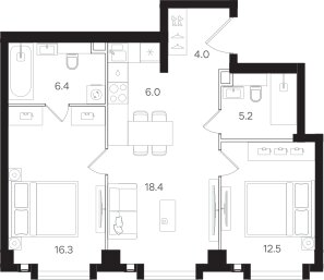 Квартира 68,8 м², 2-комнатная - изображение 1