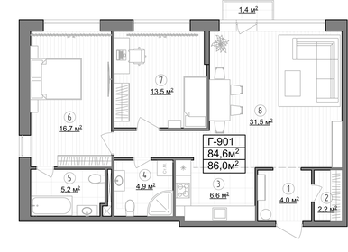 Квартира 84,6 м², 2-комнатные - изображение 1