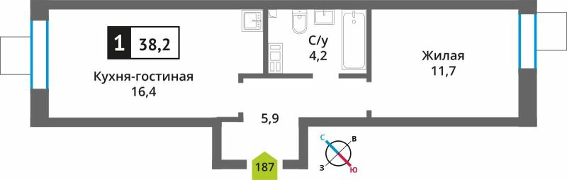 Квартира 38,2 м², 1-комнатная - изображение 1