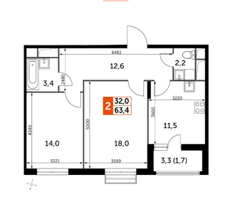 Квартира 63,4 м², 2-комнатная - изображение 1