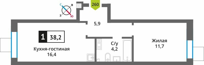 Квартира 38,2 м², 1-комнатная - изображение 1