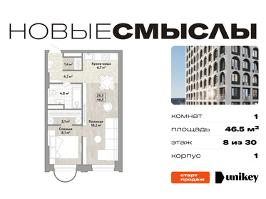 Квартира 46,5 м², 1-комнатная - изображение 1