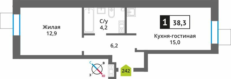 Квартира 38,3 м², 1-комнатная - изображение 1