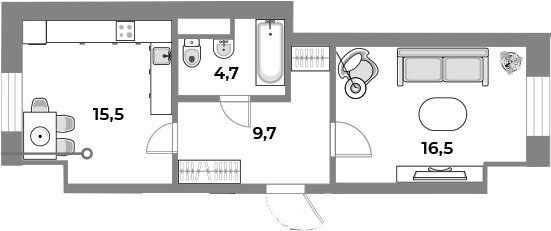 Квартира 45,7 м², 1-комнатная - изображение 1