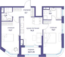 Квартира 65,6 м², 2-комнатная - изображение 1