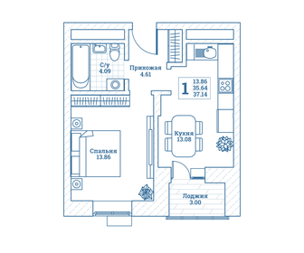 Квартира 37,3 м², 1-комнатная - изображение 1