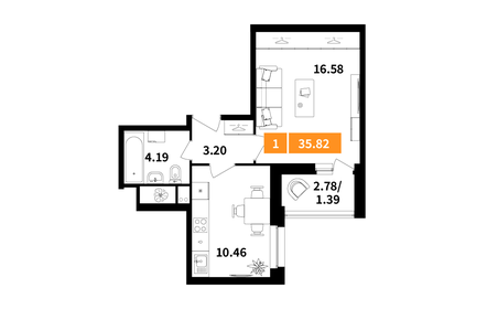 Квартира 35,8 м², 1-комнатная - изображение 1