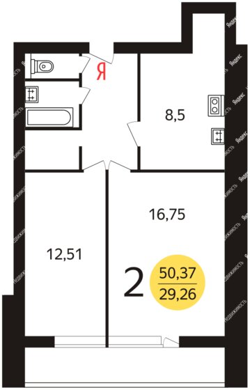 52 м², 2-комнатная квартира 45 000 ₽ в месяц - изображение 1