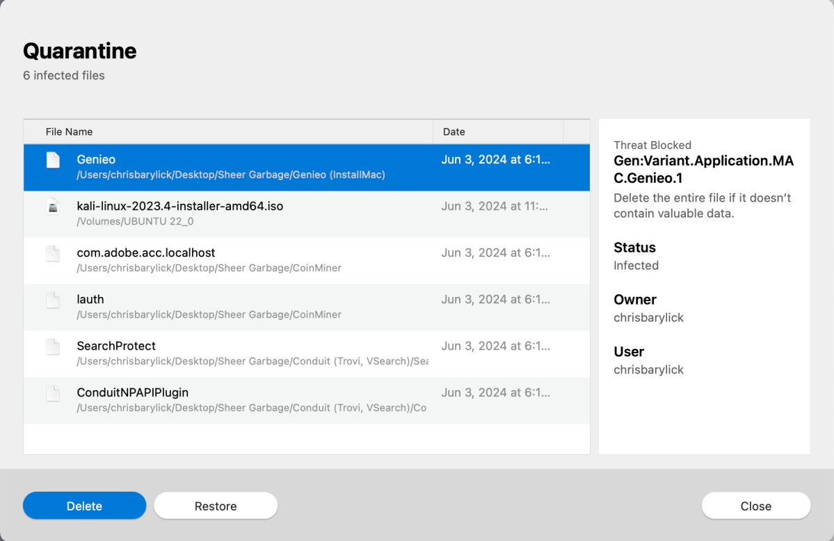 A quick overview of detected malware in the Quarantine window