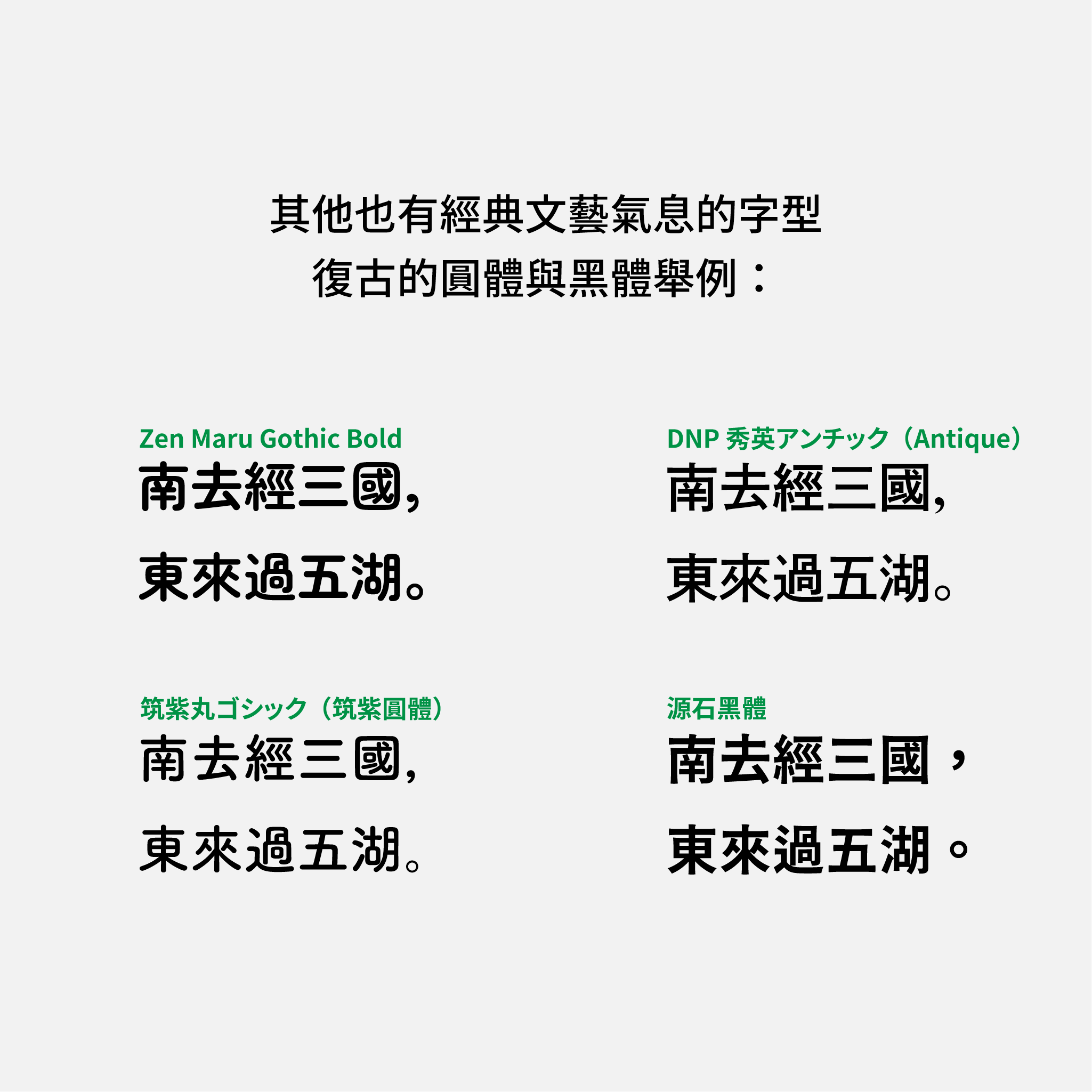 2024 推薦字體字樣展示：其他非明體字，但也有經典人文氣息的字型。