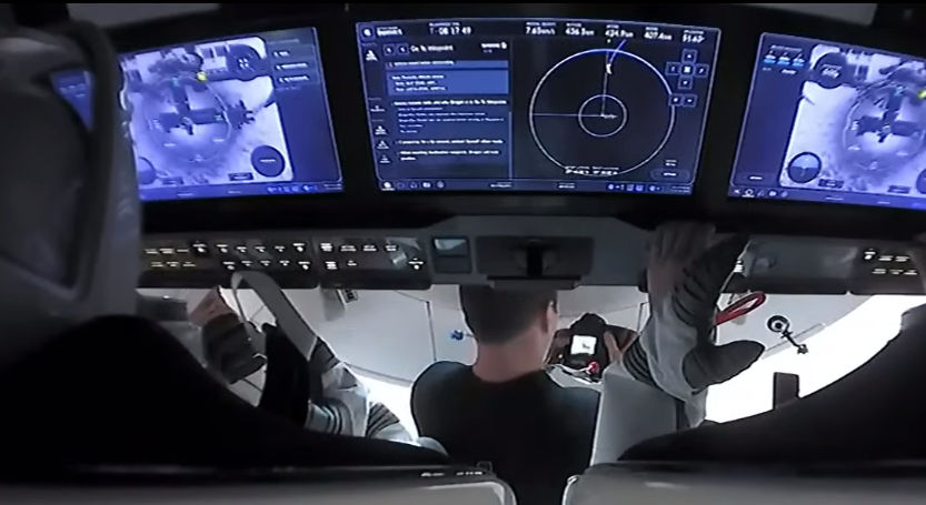 Crew-2 Commander Shane Kimbrough and Pilot Megan McArthur monitor data inside Crew Dragon during their return to Earth on Nov. 8, 2021. 