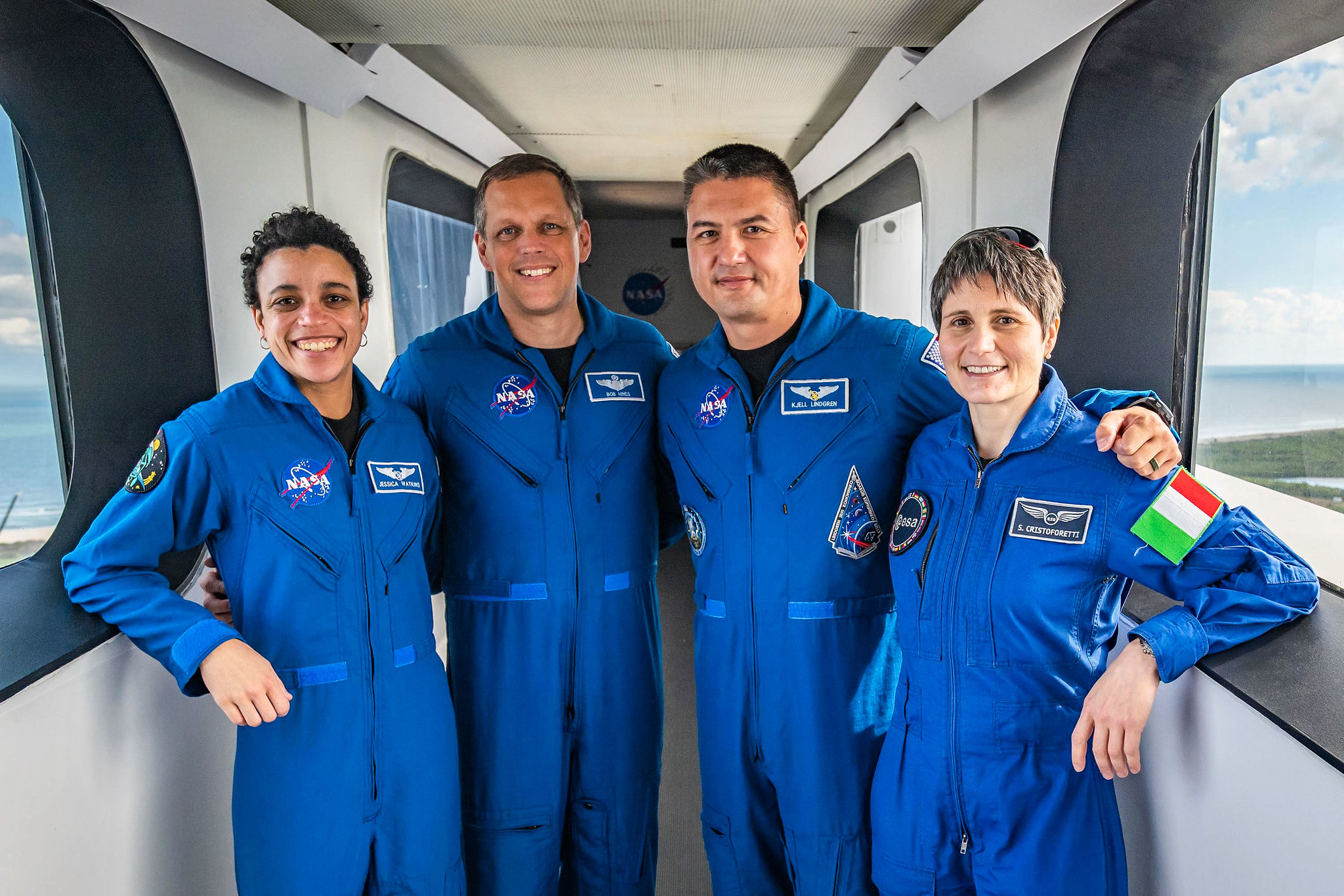 NASA’s SpaceX Crew-4 astronauts participate in a training session at Kennedy Space Center in Florida. From left to right: NASA astronaut and SpaceX Crew-4 mission specialist Jessica Watkins; NASA astronaut and SpaceX Crew-4 pilot Robert “Bob” Hines; NASA astronaut and SpaceX Crew-4 commander Kjell Lindgren; and ESA (European Space Agency) astronaut and Crew-4 mission specialist Samantha Cristoforetti of Italy.