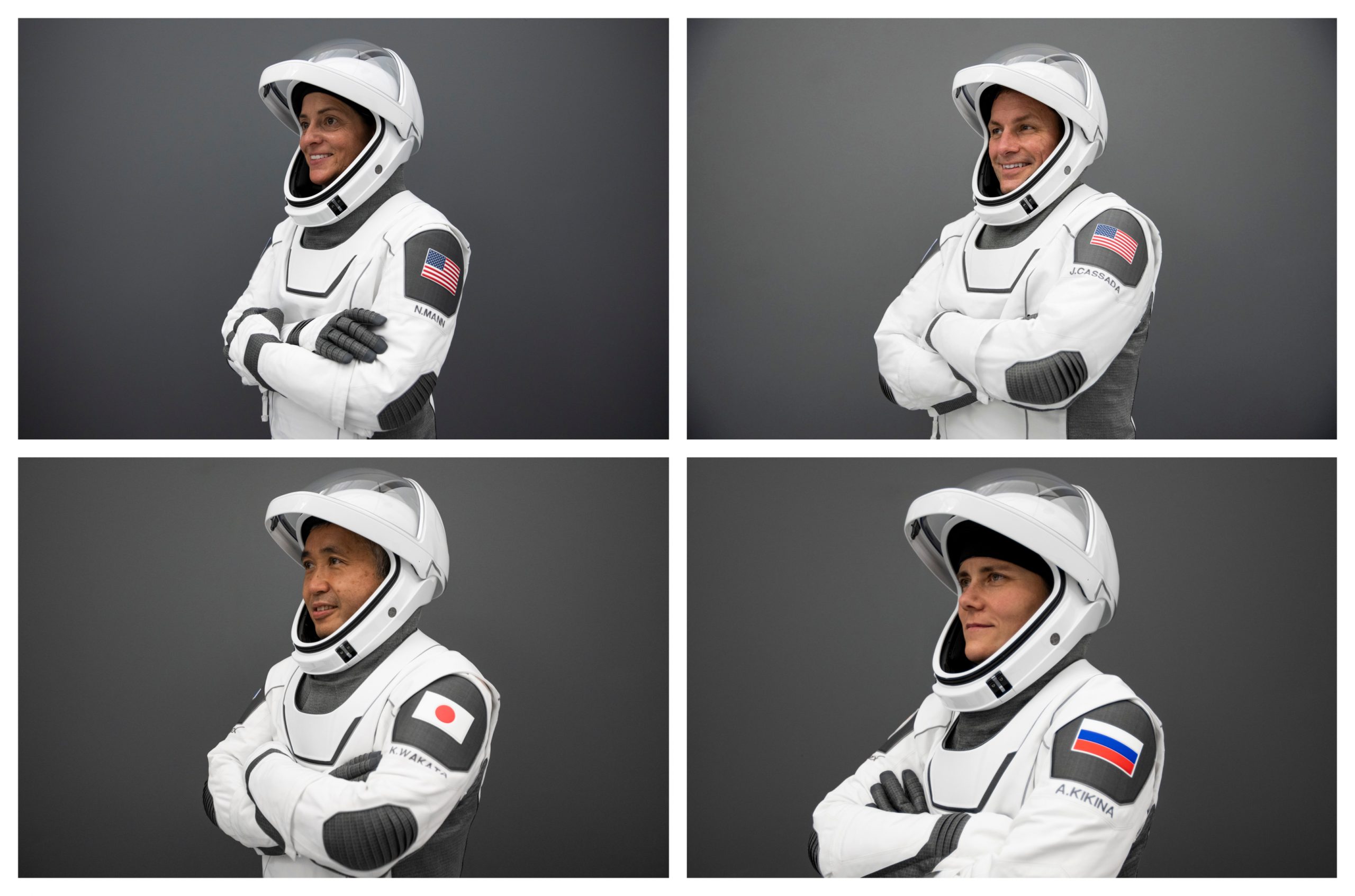 A collage of NASA’s SpaceX Crew-5 from left to right, top to bottom :NASA astronauts Nicole Mann and Josh Cassada, JAXA (Japan Aerospace Exploration Agency) astronaut Koichi Wakata, and Roscosmos cosmonaut Anna Kikina.