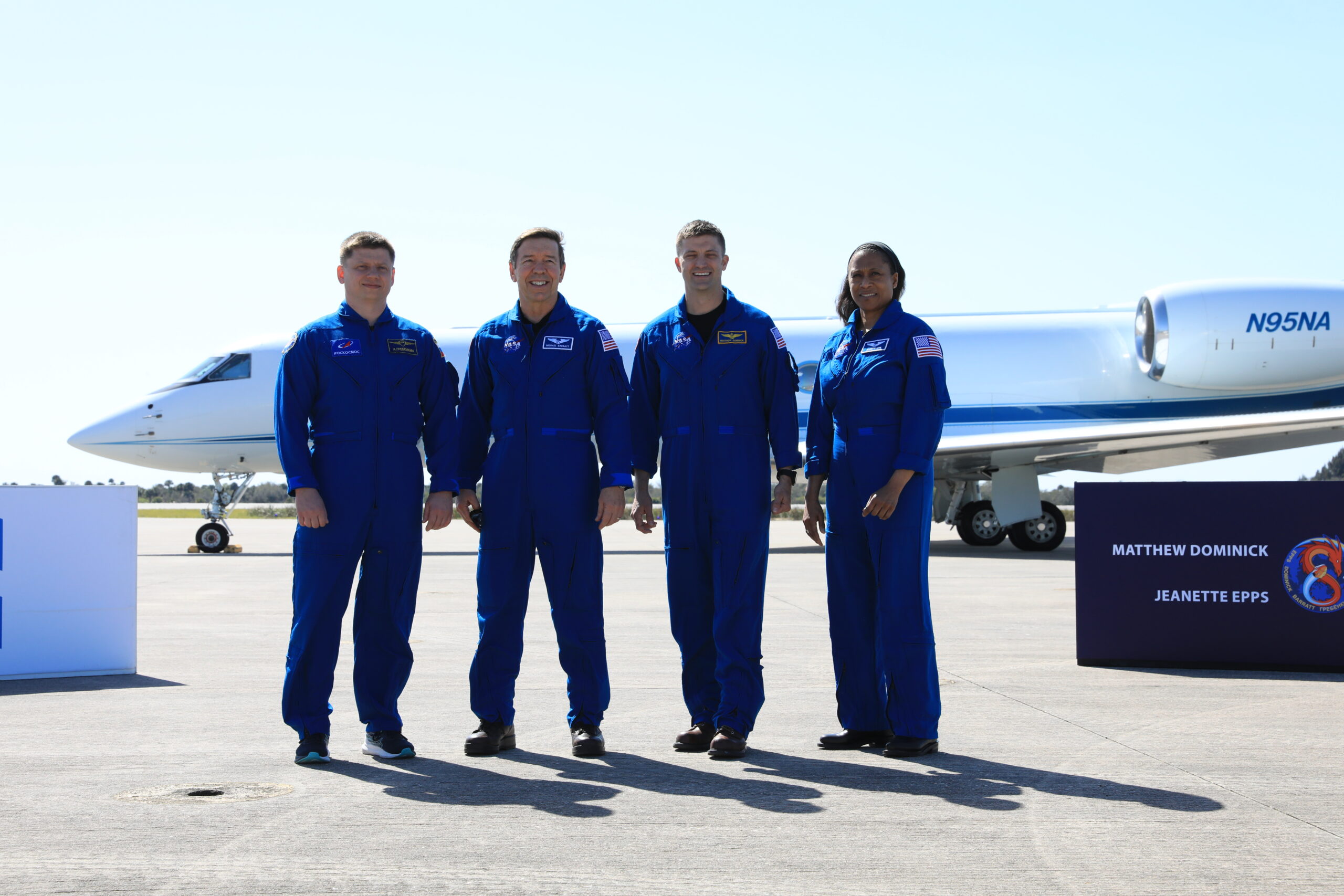 Crew members of NASA’s SpaceX Crew-8 mission to the International Space Station stand before members of the news media at the Launch and Landing Facility at Kennedy Space Center in Florida on Sunday, Feb. 25, 2024. 