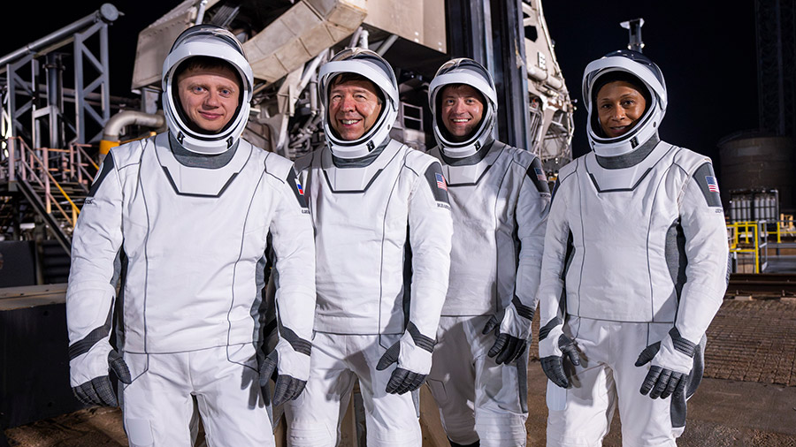 The SpaceX Crew-8 members (from left) Alexander Grebenkin, Mike Barratt, Matthew Dominick, and Jeanette Epps are pictured in their pressure suits at the launch pad at Kennedy Space Center. Credit: SpaceX