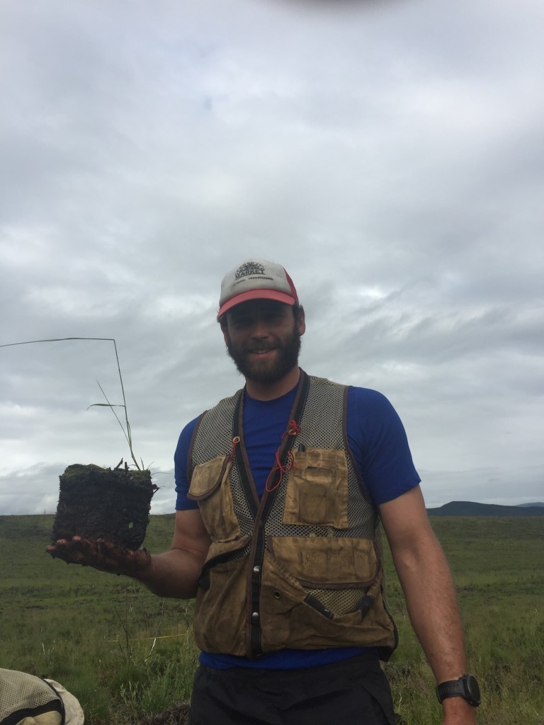 Tyler Gault, an undergraduate student at Northern Arizona University in Flagstaff, holds a cross section of tundra soil – moss, over slightly decayed moss, over more decayed moss. These layers can be hundreds or even thousands of years old. Credit: Walker/NAU