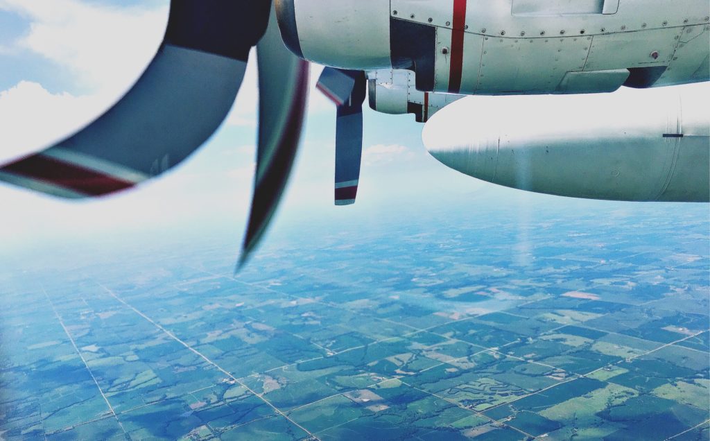 Fields of green are an ever-present sight on the August 4 science flight, which nips down into Missouri before heading back up through Nebraska and into southern South Dakota. Credit: NASA/Joe Atkinson