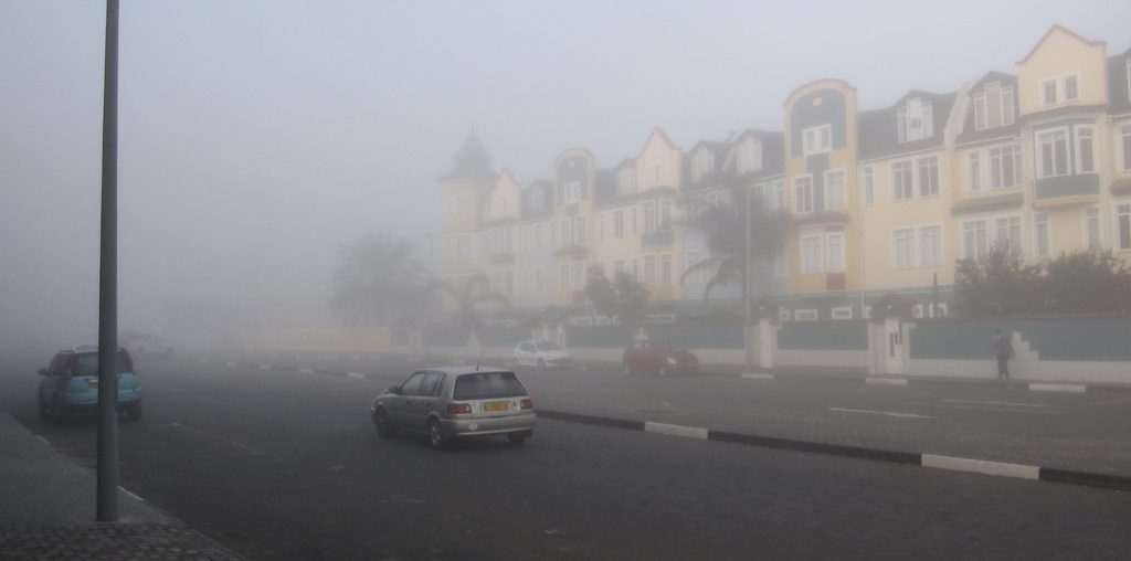 Swakopmund shrouded in morning fog at 6 a.m. Credit: NASA/Ellen Gray