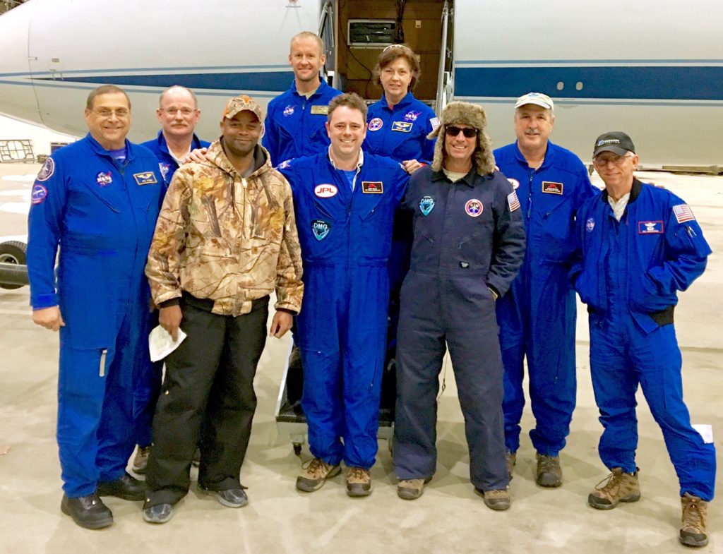 The OMG team, left to right: Flight engineer Phil Vaughn, pilot Scott Reagan, engineer Johnny Scott, engineer Charlie Marshik, principal investigator Josh Willis, flight engineer Terry Lee, engineer Dave Fuller, project manager Steve Dinardo and pilot Bill Ehrenstrom. Willis and Dinardo are from JPL, the rest of the team from NASA's Johnson Spaceflight Center.