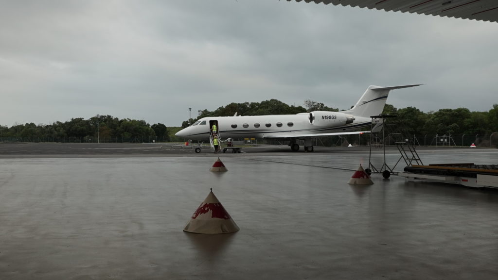 The Gulfstream IV aircraft on the runway on a rainy day at Australia’s Cairns Airport. Credit: NASA/Alan Buis