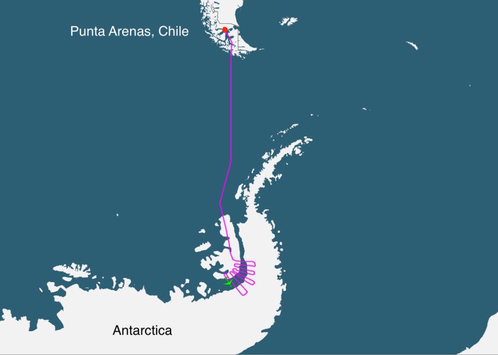 Operation IceBridge's DC-8 flight track from October 14, 2016, showing the position of the aircraft (green icon) over Antarctica about half way through the 11-hour science flight.  The DC-8 takes off and lands at Punta Arenas, Chile.