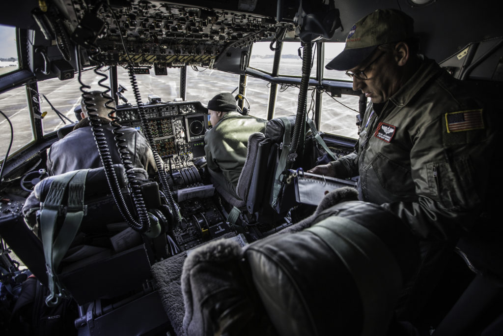 The crew of the C-130, including flight engineer Archie Archambault, foreground, prepare to depart Wallops for Shreveport, Louisiana — the first stop for ACT-America’s winter field campaign. Credit: NASA/Patrick Black 