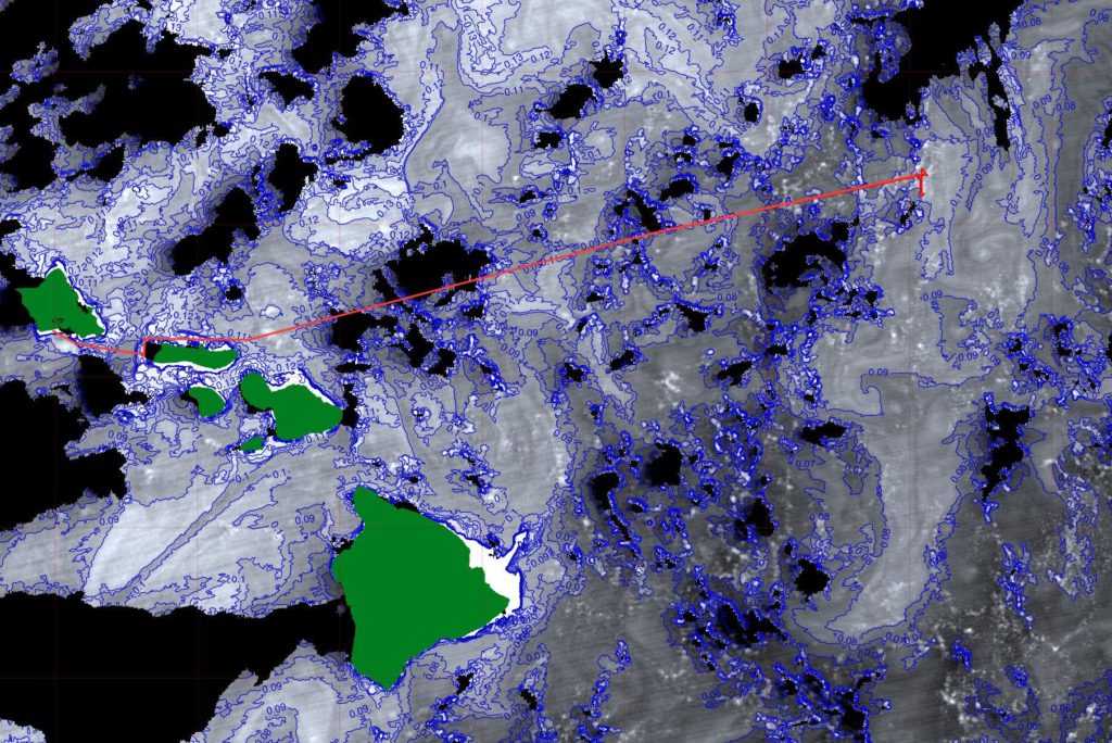 Hawaiian Islands in green with chlorophyll concentrations contoured at 0.1 mg m-3 intervals from the Suomi-NPP VIIRS at 22:54 UTC on Jan 27, 2017. The ship’s track is shown in the red line. Credit: Norman Kuring/NASA